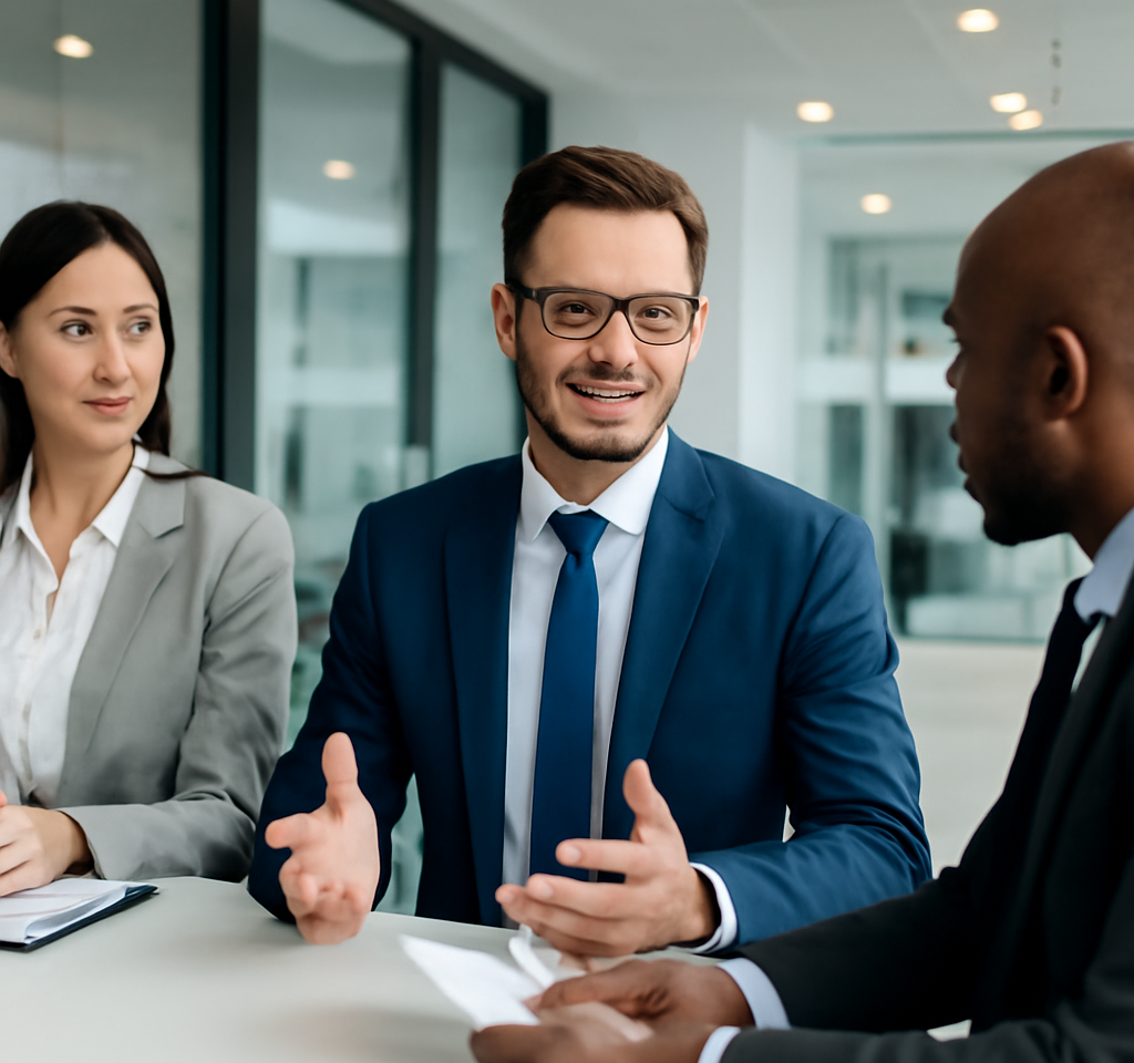 candidate answering job interview questions confidently in a professional office setting