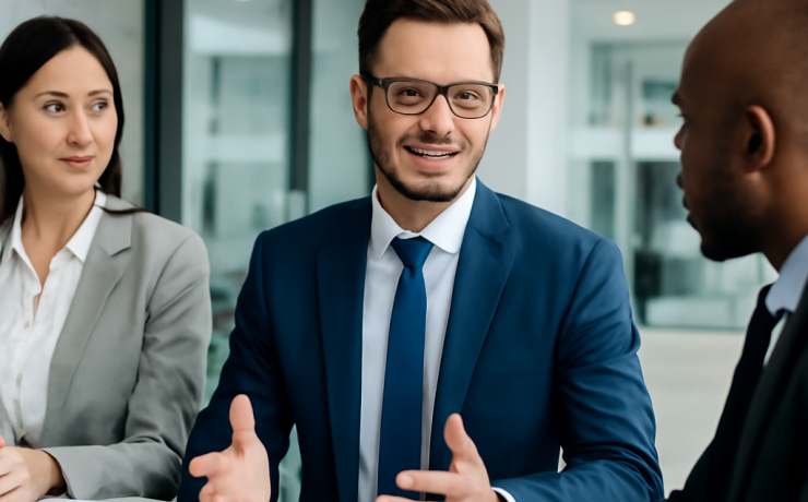 candidate answering job interview questions confidently in a professional office setting