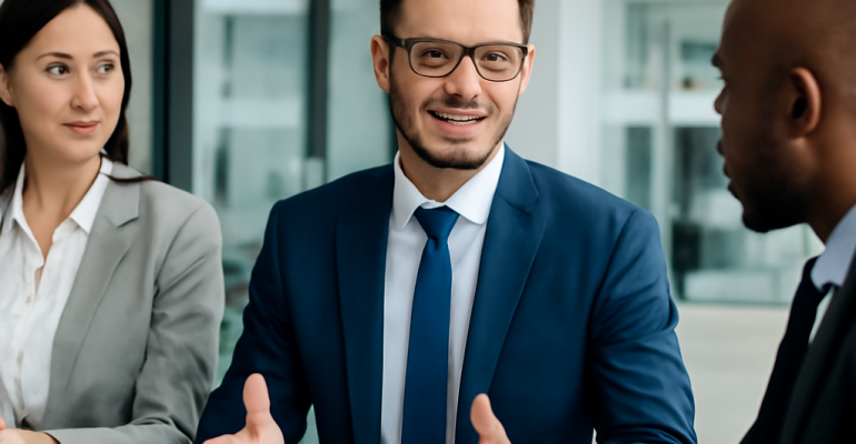 candidate answering job interview questions confidently in a professional office setting