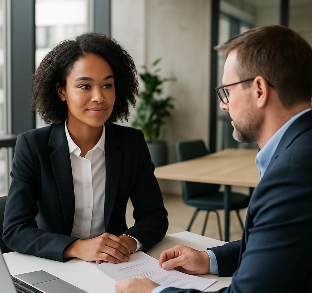 Job candidate answering interview questions during a professional interview