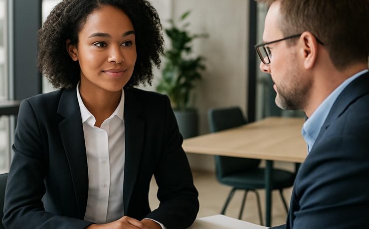 Job candidate answering interview questions during a professional interview