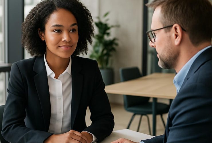 Job candidate answering interview questions during a professional interview