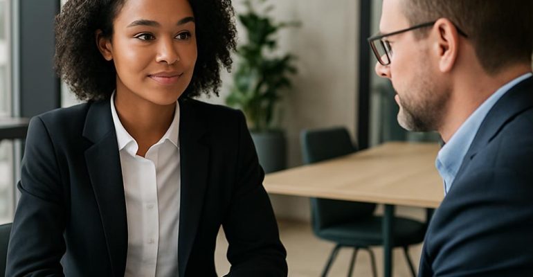 Job candidate answering interview questions during a professional interview