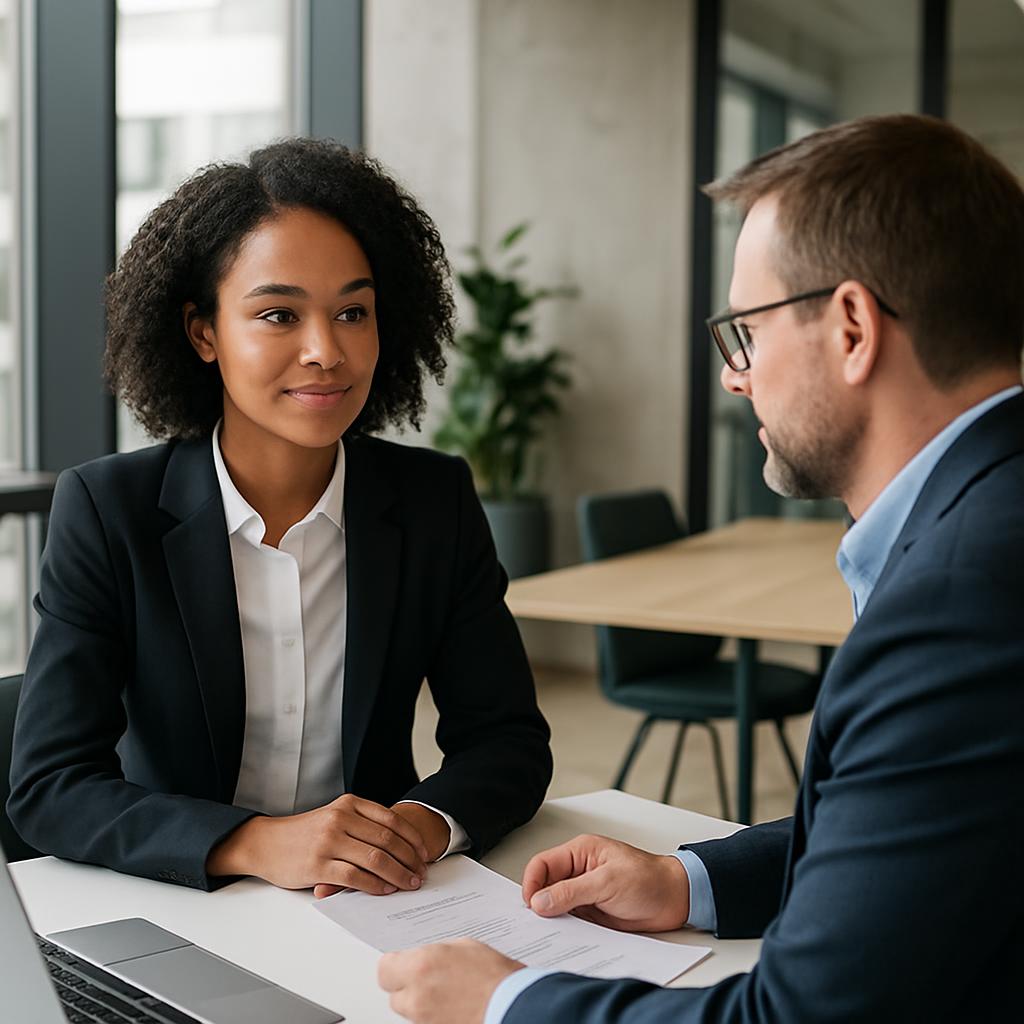 Job candidate answering interview questions during a professional interview