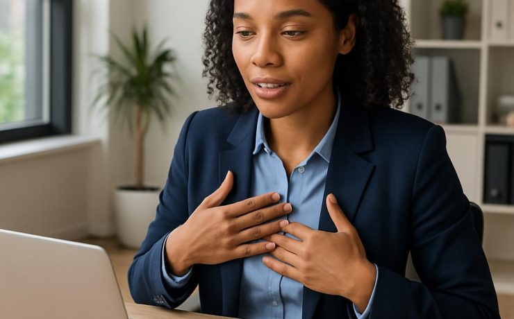 Job candidate answering an interview question confidently