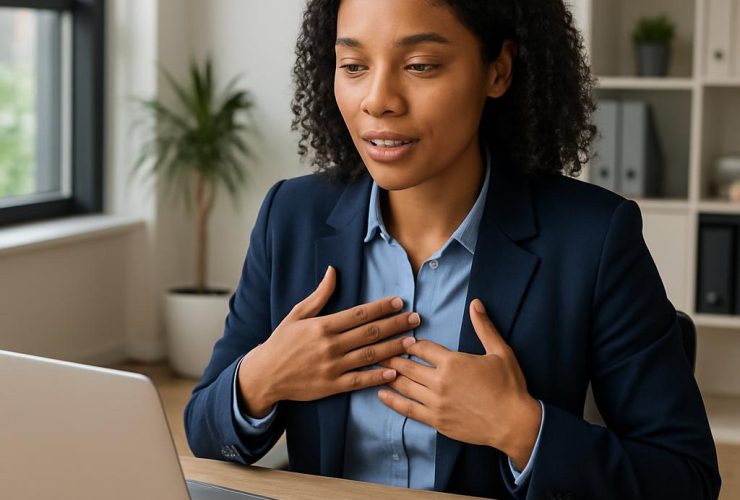 Job candidate answering an interview question confidently