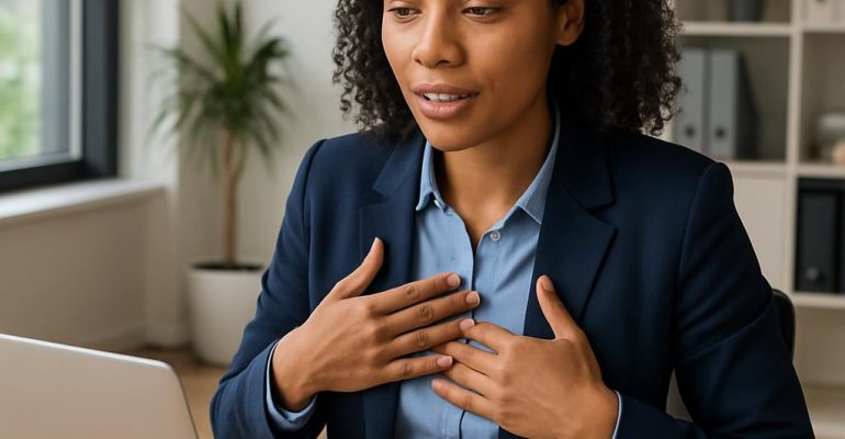 Job candidate answering an interview question confidently
