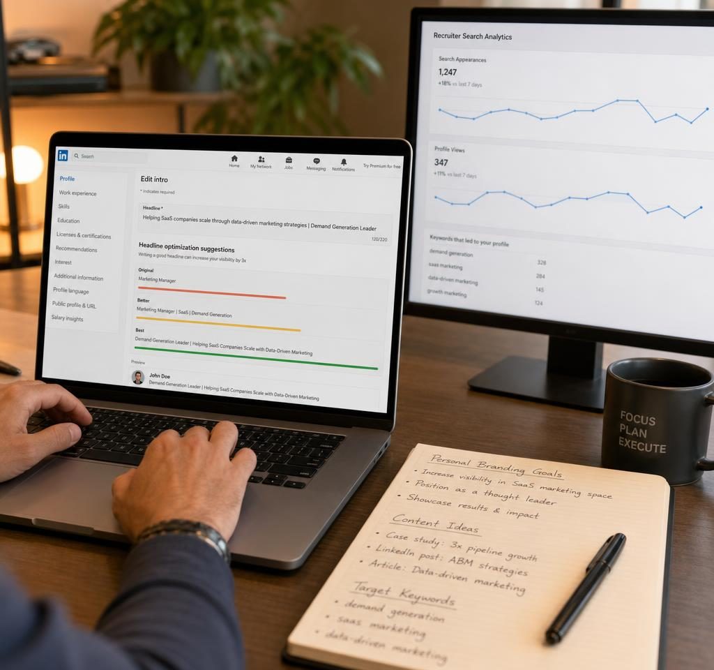 LinkedIn profile optimization displayed on laptop screen
