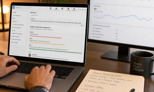 LinkedIn profile optimization displayed on laptop screen