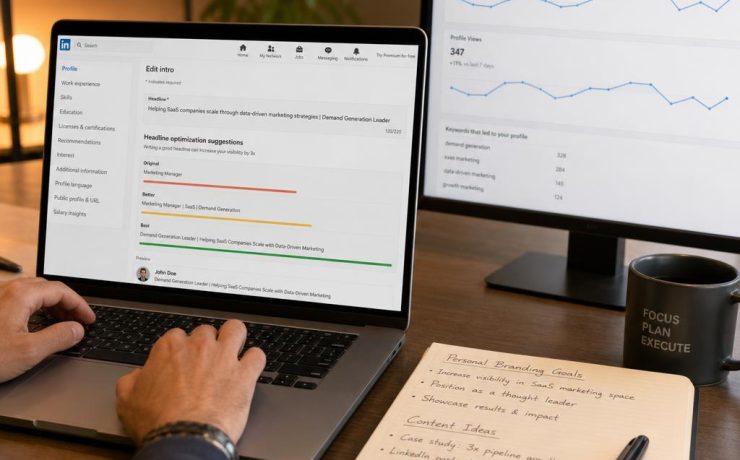 LinkedIn profile optimization displayed on laptop screen