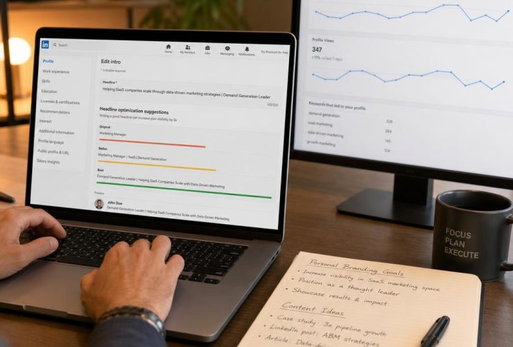 LinkedIn profile optimization displayed on laptop screen