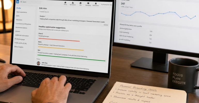 LinkedIn profile optimization displayed on laptop screen