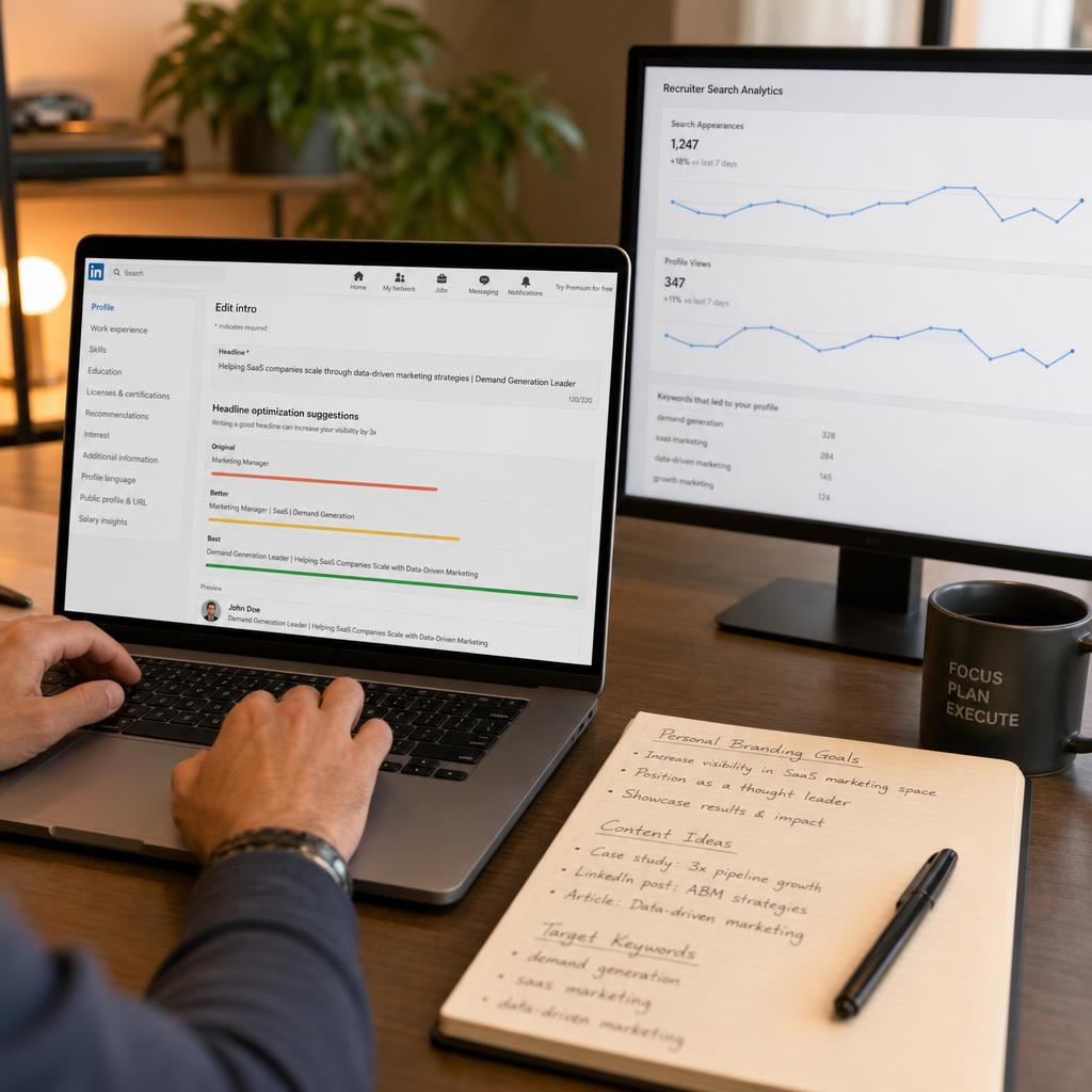 LinkedIn profile optimization displayed on laptop screen