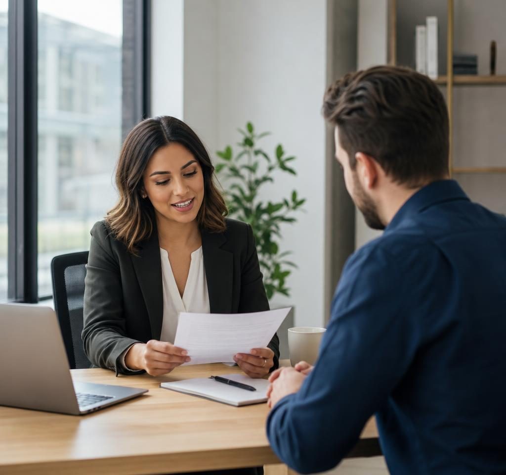 Recruiter reviewing resume accomplishments with a job candidate during a professional consultation.