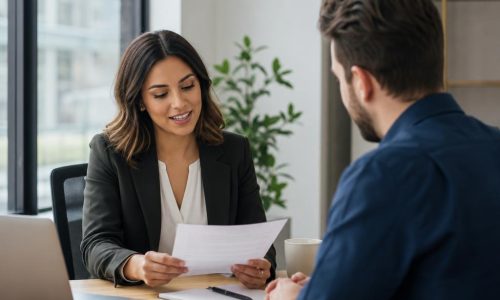 Recruiter reviewing resume accomplishments with a job candidate during a professional consultation.