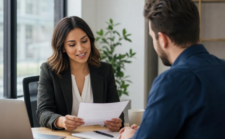 Recruiter reviewing resume accomplishments with a job candidate during a professional consultation.