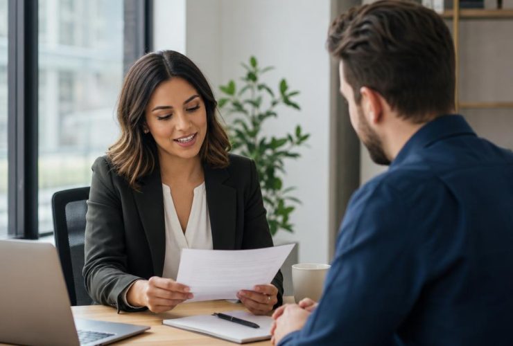 Recruiter reviewing resume accomplishments with a job candidate during a professional consultation.