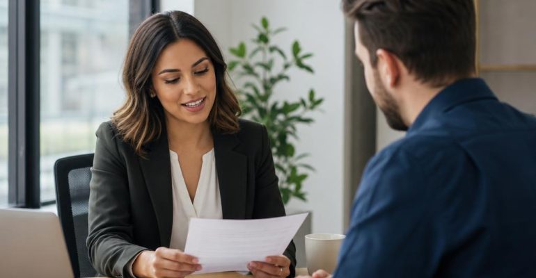 Recruiter reviewing resume accomplishments with a job candidate during a professional consultation.