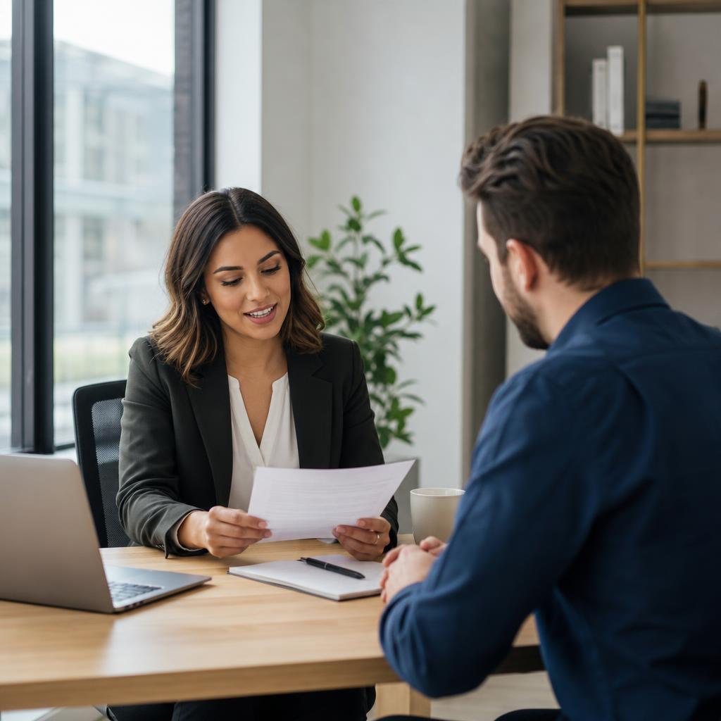 Recruiter reviewing resume accomplishments with a job candidate during a professional consultation.