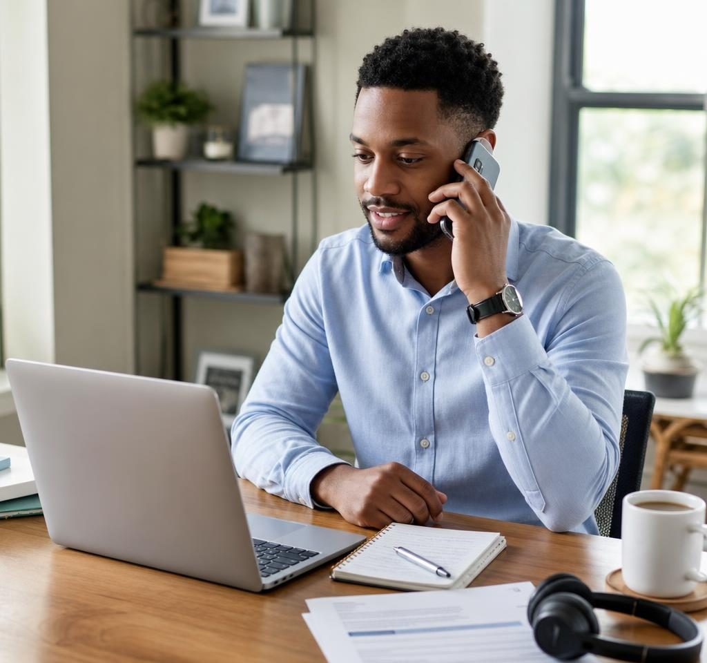 Professional candidate participating in a phone interview from a home office.
