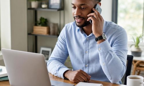 Professional candidate participating in a phone interview from a home office.