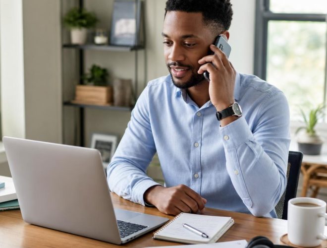 Professional candidate participating in a phone interview from a home office.