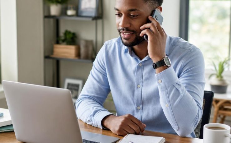 Professional candidate participating in a phone interview from a home office.
