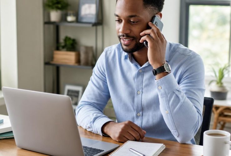 Professional candidate participating in a phone interview from a home office.