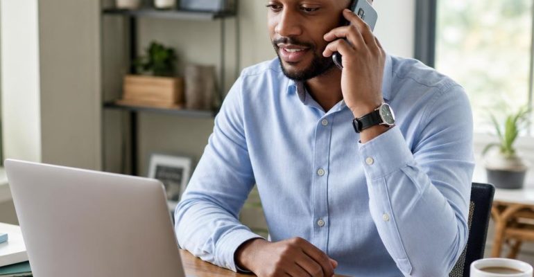 Professional candidate participating in a phone interview from a home office.