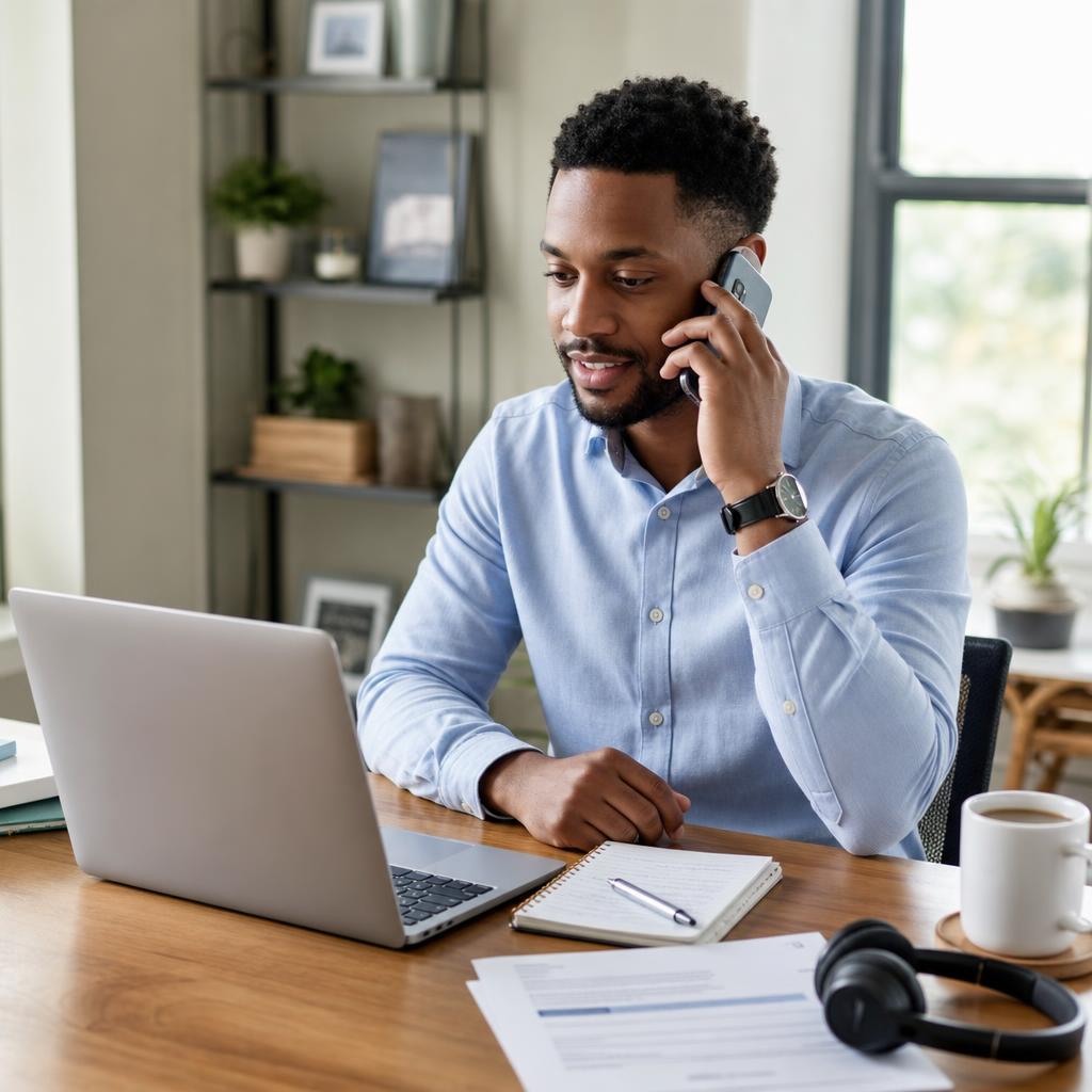 Professional candidate participating in a phone interview from a home office.
