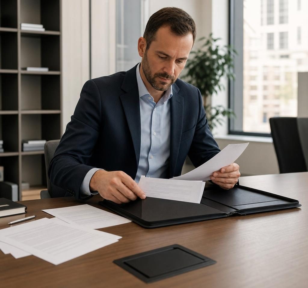 Hiring manager organizing multiple resume pages into one professional portfolio folder.