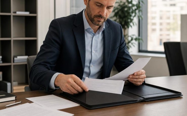 Hiring manager organizing multiple resume pages into one professional portfolio folder.