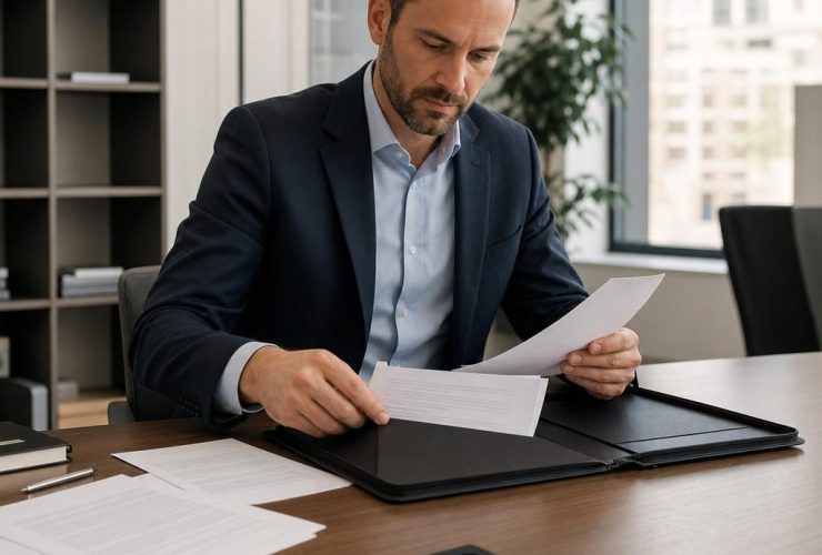 Hiring manager organizing multiple resume pages into one professional portfolio folder.