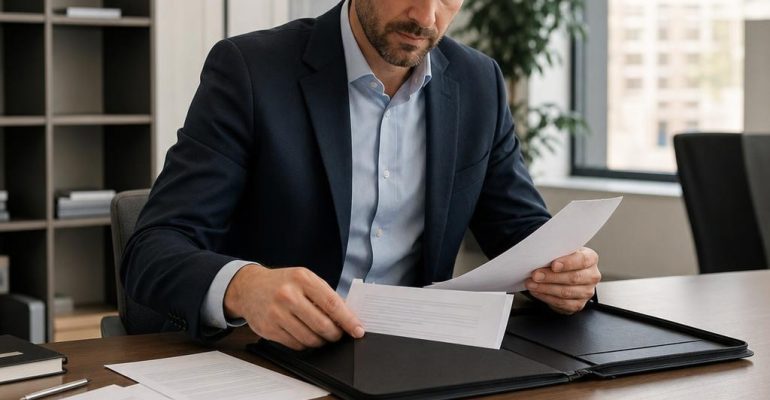 Hiring manager organizing multiple resume pages into one professional portfolio folder.