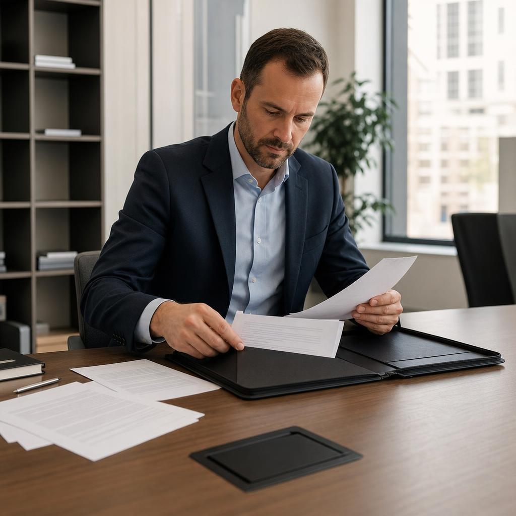 Hiring manager organizing multiple resume pages into one professional portfolio folder.